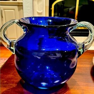 Large Hand Blown Round Cobalt Blue Glass Vase with Clear Handles Beautiful!